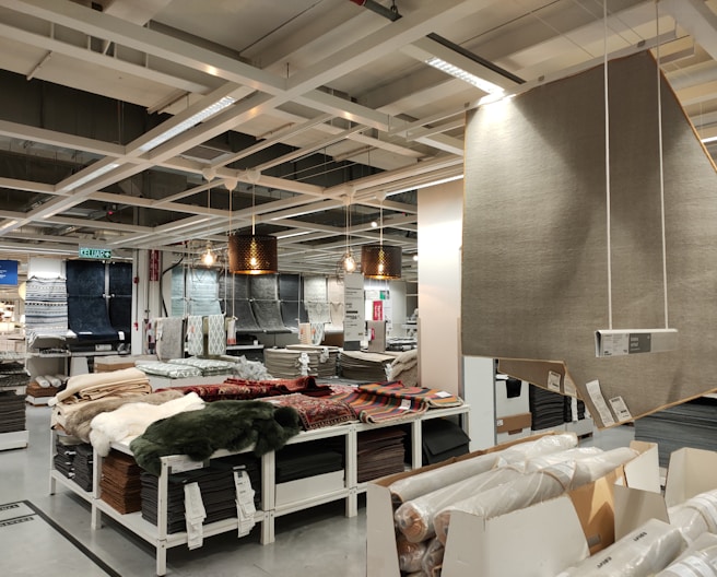 A retail store interior featuring a large selection of rolled-up carpets and rugs displayed on shelves and tables. Several hanging lamps provide lighting to the area, and a variety of carpet styles and colors are visible. The shelving units are neatly organized with packaged flooring products, and a large sign displaying product information is visible.
